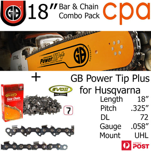 18" GB Chainsaw Bar & Chain Combo Power Tip+ .325" DL72 .058" for Husqvarna