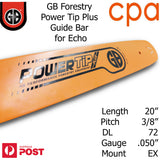 20" GB Chainsaw Bar Power Tip+ BAR ONLY suit- 3/8" DL72 .050" for Echo