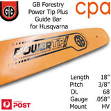 18" GB Chainsaw Bar Power Tip+ BAR ONLY suit-  3/8" DL68 .058" for Husqvarna