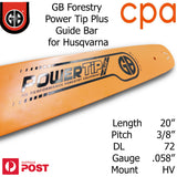20" GB Chainsaw Bar Power Tip+ BAR ONLY suit-  3/8" DL72 .058" for Husqvarna