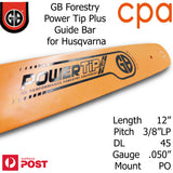 12" GB Chainsaw Bar Power Tip+ BAR ONLY- suit 3/8"LP DL45 .050" for Husqvarna