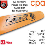 16" GB Chainsaw Bar Power Tip+ BAR ONLY suit-  3/8"LP DL56 .050" for Husqvarna