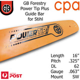 16" GB Chainsaw Bar Power Tip+ BAR ONLY suit - .325" DL62 .063" for Stihl