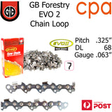 GB EVO2 Chainsaw Chain Loop, .325" (.063") 68DL - Semi Chisel